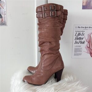 Y2K Brown Buckle Slouch Knee High Boots Heel — Indie Grunge / Vintage Mall-core